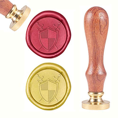 CRASPIRE Timbro Sigillo di Cera, Knight Blade And Shield Retro Removibile Testa di Rame in Ottone con Manico in Legno Sigillatura A Cera per Confezioni Regalo Buste da Regalo per Matrimonio