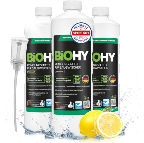BiOHY Rengörare sugmopp med fräsch doft (3 x 1 liter) med doserare | Kompatibel med Roborock, Dreame, Ecovacs, Tineco, Mova och Bissell torkarblad och dammsugare samt sugtorkare