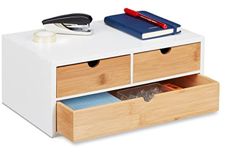 Relaxdays Schreibtisch Organizer, 3 Schubladen, für Büroutensilien, HxBxT: 14 x 33 x 21 cm, Bambus & MDF, weiß/natur