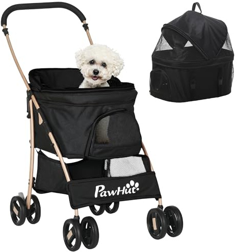 PawHut Carrito para Perros Plegable 3 en 1 Cochecito para Mascotas Carrito para Perros Pequeños con Vagón Desmontable Cesta de Almacenaje Correas de Seguridad y Cojín Carga 15 kg Negro