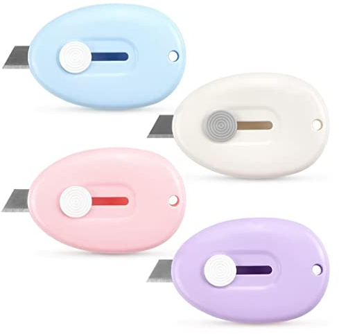 Tamaki 4 Pack Mini Box Cutter Retractable Utility Knife Letter Opener Envelope Slitter, Box Cutter with Key Chain Hole (Blue, Pink, Purple, White)