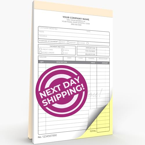 Custom 5.5 x 8.5 Carbonless NCR Books in 2-Part Duplicate Invoices, Receipts, Work Orders, Sales Orders, Purchase Orders, Estimates, Quote Forms with Your Company/Business Name (100 Sets)