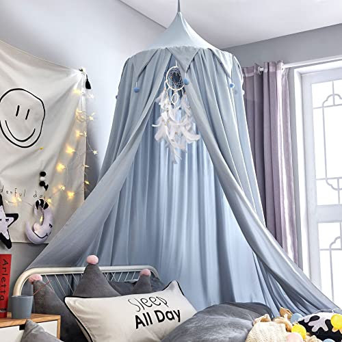 Surwin Betthimmel Madchen Jungen Babybett Doppelbett, Moskitonetz Baldachin mit Kugel Kinderzimmer Einzelbett Himmel Schlafzimmer Dekoration Spielzelte Kinder Geschenk, Ohne Bohren (Blau)