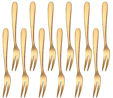 Mafier 12 Pcs Fruit Forks, SUS304 Stainless Steel Dessert Forks, 5.51 Inch Small Appetizer Forks Gold, Two-Prong Cocktail Forks for Cake, Pastry, Charcuterie Board, Tasting Forks, Dishwasher Safe