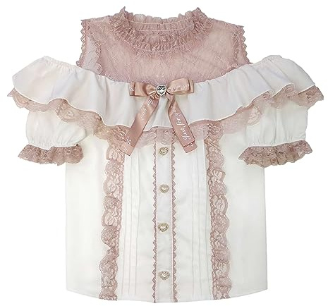 Cuteighteen Sweet Cold Shoulder Shirt Women Lolita Lace Mesh Sheer Short Sleeve Blouse Vintage Volants Button Cute Tops, blanc, Taille M