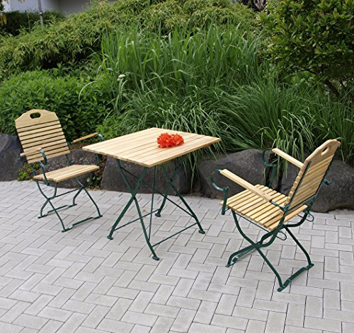 Kunibert Salon de jardin à bière modèle Baden 1 A - Qualité brasserie - 1 table 70 x 70 cm + 2 chaises avec accoudoirs - Revêtement par pulvérisation vert