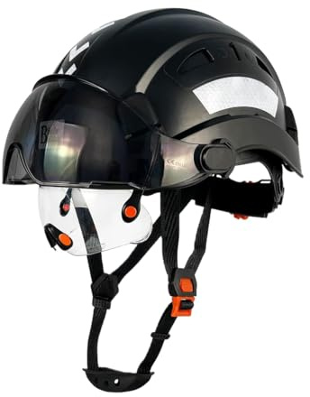 Industrial Safety Helmet with Build-in Visor ABS Hard Hat with Visor Adjustable Ventilation Hardhats Construction Head Protection (Black)