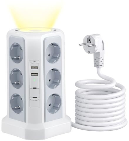12 Fach Steckdosenleiste mit USB C PD 20W, 4000W/16A Mehrfachsteckdose Steckdosenturm Überspannungsschutz mit 4 USB, HAFINO 2M Verlängerungskabel, Schalter Mehrfachstecker Steckdose für Zuhause, Weiß
