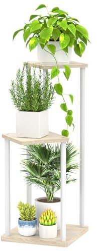 LyTaispuly 3 Etagen Metall-Pflanzenständer Indoor, Holz Tiered Corner Plant Stand Pot Holder, Modern Blumenregal Display Rack für Wohnzimmer Schlafzimmer Outdoor Balkon Garten Terrasse, Weiß