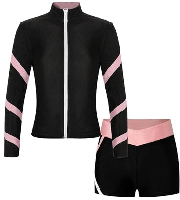 Jugaoge Chaqueta deportiva para patinaje artístico, chaqueta de entrenamiento y pantalones cortos, leggings de dos piezas, yoga, fitness, ropa de paseo, color rosa, 170 cm, Color: rosa., 170 cm