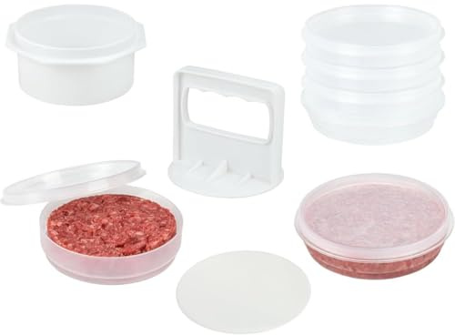 Mission Gallery Hamburger Press Patty Maker - 4 in1, Burger Mold, Patty Press, 6 Storage Containers, 100 Round Papers - Hamburger Patty Maker Tool for BBQ - Burger Shaper for Meat, Veggie Patties