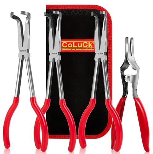 CoLuck 4Pcs 11 Hose Gripper Plier Hose Remover Set,5/16-Inch, 1/2-Inch, 3/4-Inch Dia, Offset Spark Plug Boot Removal Pliers Serrated Jaws for Cannon Plug Removal Tool Hard to Reach Narrow Spaces