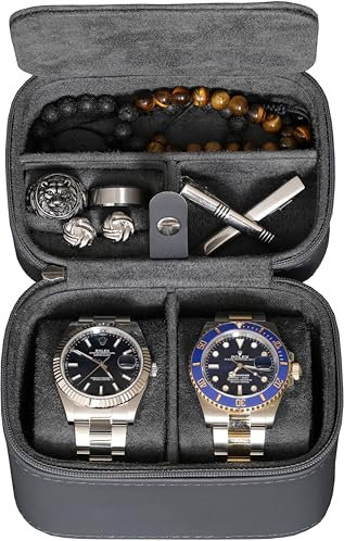 ROTHWELL 2 Watch Travel Case Storage Organizer for 2 Watches | Watch Case for Men and Women | Tough Portable Protection w/Zipper Fits All Wristwatches & Smart Watches Up to 50mm (Carbon)