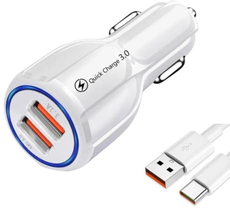 Caricabatterie Auto Rapido 2 USB, Compatibile con Smartphone e Tablet, Adattatore Accendisigari con Tecnologia di Ricarica Rapida QC3.0, Universale e Sicuro, cavo di carica. Caricatore Auto 2 USB.