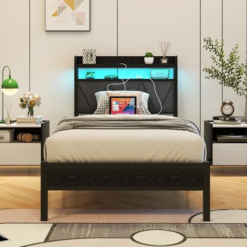 VERFARM 3ft Single Bed Frame with LED Lights Storage Upholstered Headboard and Charging Station, Solid Metal Platform Bed Single Size, No Box Spring Needed, Noise Free
