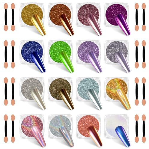 SIUSIO 16 Jars Chrome Nail Powder Nail Art Glitter Decoration Metallic Mirror Effect Holographic Aurora Chameleon Pigment Powder Kit 0.35g/Jar Pearl for Resin Craft & Nail Art