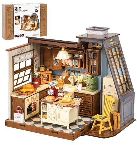 Rolife DIY Miniature House Kit for Adults, Baking Kitchen Mini Wooden Dollhouse Kit with LED Light Tiny House Diorama Building Kits Birthday Craft Hobbies Gift Home Decor for Teens Family