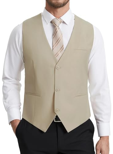 HISDERN kostymväst herr elegant bröllop kostym väst smal passform klassiska formella kostymvästar enfärgad brudgum väst smoking västar för män med 3 knappar fickor S–4XL, Beige, XL