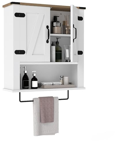 COSTWAY Bathroom Wall Cabinet, Farmhouse Over-The-Toilet Storage Cupboard with Barn Doors, Open/Adjustable Shelf & Towel Bar, Wooden Bathroom Unit Wall Mounted Medicine Cabinet for Living Room Kitchen