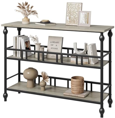 Console Table 3 Tier, Farmhouse Entryway Table with Storage Shelf, Wooden Narrow Sofa Table Behind Couch with Roman Column Legs for Living Room Bedroom Hallway Foyer Front Door 110 x 30 x 80 cm - Grey