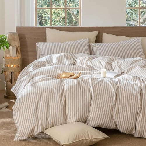 Lanqinglv Rayée Housse de Couette 220x240 Beige Parure de lit Motif Rayures Adulte 2 Personnes en Microfibre Classique Housses de Couettes avec Fermeture Éclair et 2 Taies d'oreiller 65x65cm