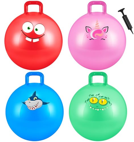 Sinmoe 4 Pcs 22 Inch Space Hopper for Kids Bouncy Balls Garden Games | Jumping Balls with Handle Pump and Cartoon Animal Designs for Ages 3-8, Indoor Outdoor Games, Exercise and Activities