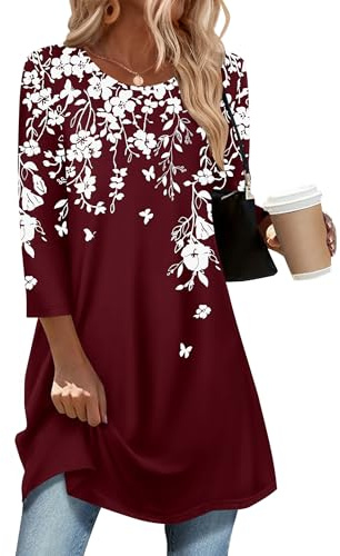 Camisa Mujer Manga 3/4 Elegante Túnica Larga Blusas Casual Cuello Redondo