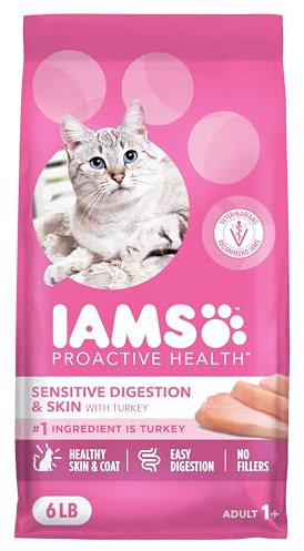 IAMS Proactive Health Sensitive Digestion & Skin Dry Cat Food, Adult Cat Food Dry Recipe with Real Turkey, 6 lb. Bag