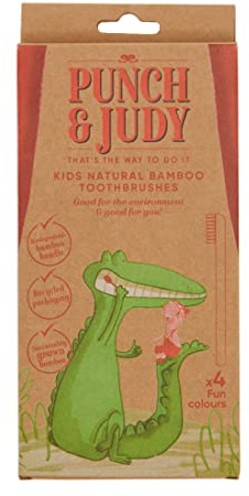 Punch & Judy - Kids Organic Bamboo Toothbrushes - Made with Sustainable, Biodegradable Bamboo - with Recyclable Packaging (4 Pack, Multi Colours)
