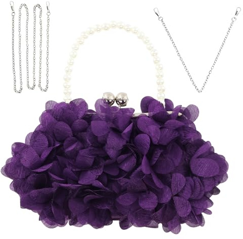 JAMBHALA Women Elegant Evening Purse, Small Floral Clutch Bag with Detachable Chain for Wedding, Party, Prom (Purple)
