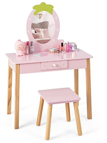 COSTWAY Set Toeletta per Bambini 2 in 1, Set Tavolo da Trucco in Legno per Bambini con Sgabello, Specchio a Forma di Fragola e Cassetto, Postazione Trucco da 3 a 7 Anni, Rosa, 70 x 34 x 100 cm
