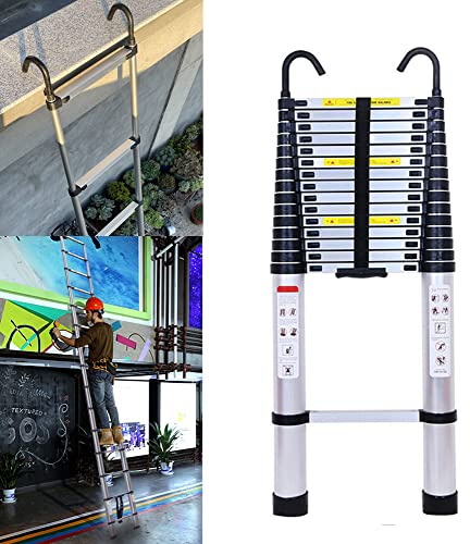 6,2m Échelle télescopique en aluminium avec 2 crochets, échelle d’appui antidérapante avec 15 barreaux, échelle télescopique portable pour extérieur et intérieur, capacité de charge de 150 kg