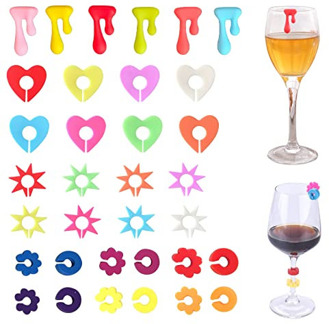 Luvadeyo Lot de 34 Étiquettes en Verre à Vin en Silicone pour Décorations de Fête à Usage Domestique - Marqueurs