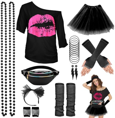 WILDPARTY 80-talsdräkt för kvinnor, t-shirt, tutu, midjeväska, pannband, örhängen, halsband, näthandskar, 80-talskostym, neontillbehör, festtema, karneval