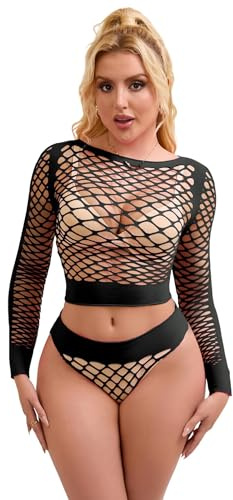 ohyeahlady Set Lingerie Donna Sexy Rete Lingerie Sexy Hot Intimo Donna Maniche Lunghe Top e String Set Mesh Indumenti da Notte