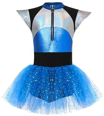 Rswnyirn Kids Girl Movie Star Alien Costume Cap Sleeve Mesh Tutu Dress Bodysuit Halloween Fancy Dress Up Blue 13-14 Years