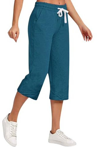 Pantalon en Lin Femme Pantacourt Sport Sarouel Court Été Coton Vêtements de Randonnée Pantalon Carotte Bleu 2XL