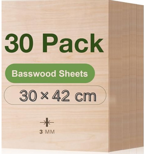 ROBOTIME Contreplaqué 3mm A3 Lot de 30, 300 x420mm Planche Bois Brut Bouleau Panneau Feuille Découpe Pyrogravure Gavure Laser Bois Rectangulaire