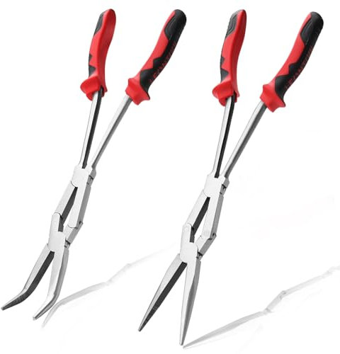 LEONTOOL Straight and 45-Degree Bent Needle Nose Pliers Set 2Pcs Double Jointed Needle Nose Pliers Set Extra Long Needle Nose Plier with Serrated Jaw Long Reach Pliers for Hard to Reach Narrow Spaces