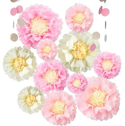 9Pcs fleur en papier, Decoration Mariage, Deco Mariage Champetre, Deco Anniversaire, Baby Shower Decoration, Decoration Bapteme Garcon Fille, Boule Papier Decoration Avec 4m drapeaux