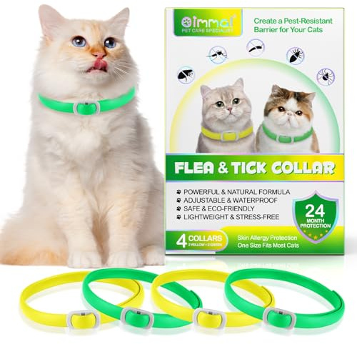 KLLALO Collare Antiparassitario Per Gatti, 4 Pezzi, Collare Antipulci Gatto Sicuro ed Efficace Realizzato Con Oli Essenziali Naturali, Impermeabile, 24 Mesi (verde giallo)