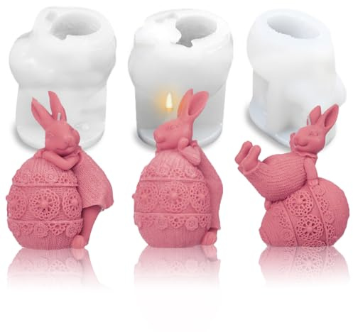 Tadpolez 3 Piezas Molde de Silicona de Conejo de Pascua,Moldes de Fundición de Velas de Conejo,Forma de Silicona de Conejo,Moldes de Silicona para Pascua,para Vela de Aromaterapia,Jabón Hecho a Mano
