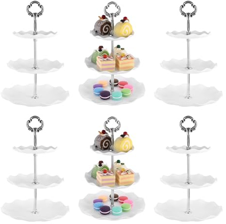 AHAQU 6 alzate per cupcake a 3 livelli, in plastica, per tè pomeridiano, espositore rotondo per frutta, dessert, per compleanni, feste, anniversari, baby shower, matrimoni, argento