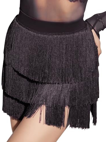 SEAUR Falda de baile latina para mujer con flecos, falda con pantalones cortos, ropa de baile, tango rumba cha, cha, samba, longitud de la falda 43-46 cm - EU S-XL (Aisa M-2XL), Negro , XL