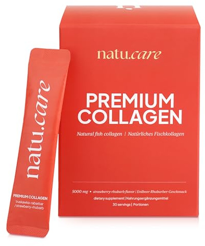 natu.care - Collagene marino idrolizzato naturale in polvere 5000 mg - Vegetale - Collagene da bere in bustine marino con acido ialuronico - Peptide di tipo 1 (30x Fragola)