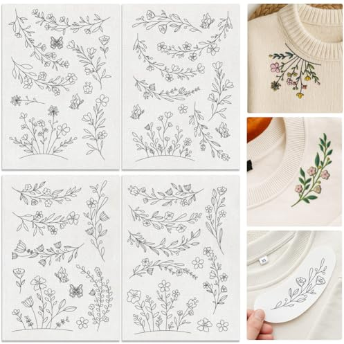 DOODLREAM Lot de 29 motifs de broderie stabilisateurs avec vignes florales de 20,3 x 30,5 cm - Autocollants fleurs sauvages à broder et à broder - 4 feuilles - Bord floral - Pour la couture à la main