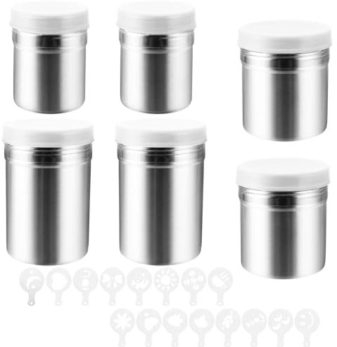 APACALI Set di 6 spargicacao in acciaio inox, per cappuccino, cioccolatini con 16 stencil per cacao, caffè, zucchero, sale, farina