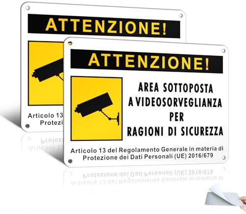 Goodvia Cartello di Videosorveglianza in Alluminio per Condominio 20x15cm con Adesivo e Fori Preforati Impermeabile per Interni ed Esterni x2