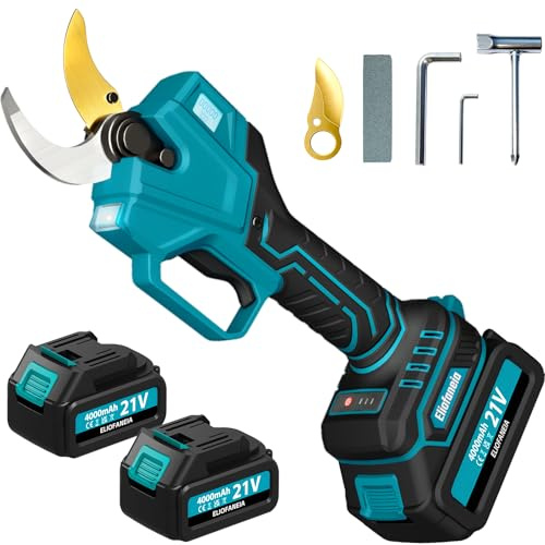 ELIOFANEIA Tijeras de Podar Eléctricas.2baterías de litio 4000 mAh,Motor sin escobillas de 1000W,Ramas hasta 40mm,Cuchillas con Revestimiento de Titanio,Control Digital,Incluye Maletín y Accesorios