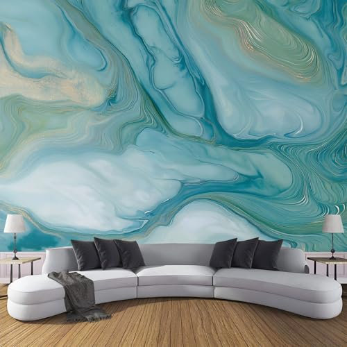MIATCENRT Marble Wallpaper Mural, 3D Effect Abstract Photo Wallpaper, 250x175cm (WxH) Silk Cloth Teal Wall Art Roll Wallpapers Wall Covering, for Living Room Bedroom
